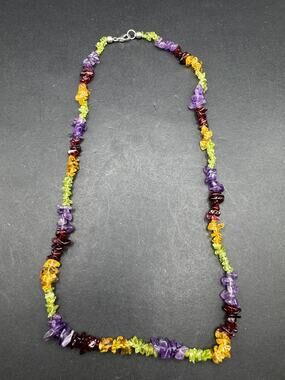 Vtg Multi Gemstone Beaded Chip Necklace Single Strand Sterling Silver 925